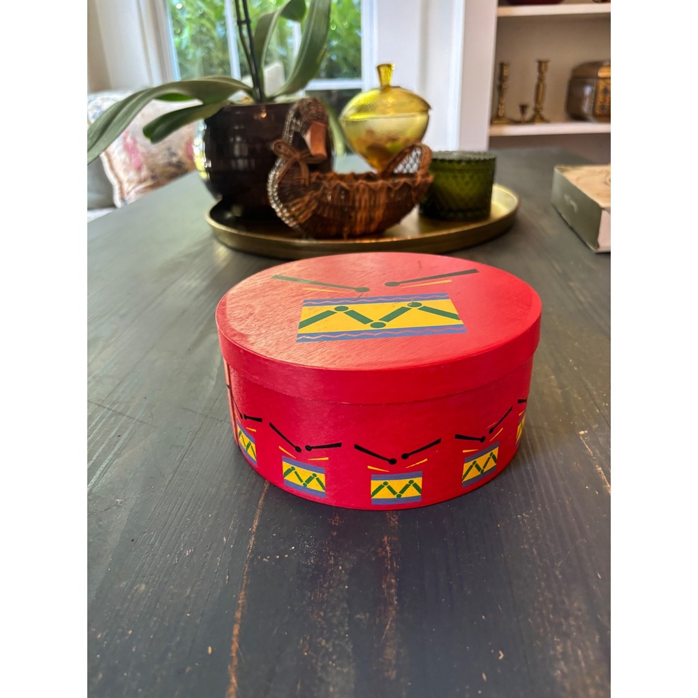 Vintage Albert Kessler Red Wooden Drum Box Round Hand Painted Storage  Rare